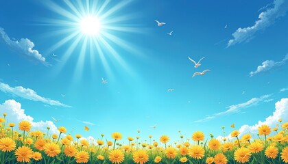 Naklejka na ściany i meble Bright sun shines over field of yellow flowers under blue sky with flying birds. Warm daylight illuminates green grass and white clouds. Nature scene brings joy, peace, and beauty.