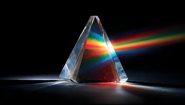 A triangular prism refracts white light, splitting it into a vibrant spectrum of colors, against a stark black background
