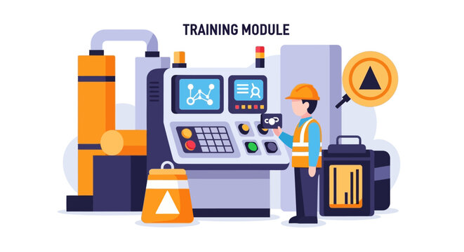 Industrial Training Module: Worker Operating Machine Control Panel, Factory Automation & Skill Development Illustration