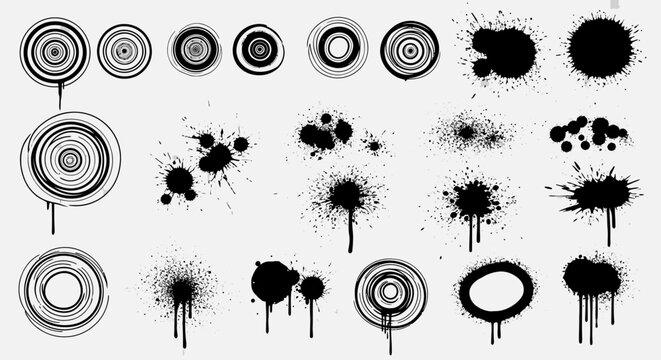 Grunge Ink Splatters and Concentric Circles Set on a light grey background