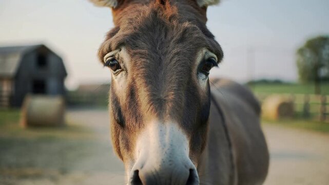 Close-up portrait of a brown donkey looking directly at the camera with a blurred rural background featuring a barn and hay bales in warm natural lighting