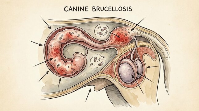 Detailed illustration of canine brucellosis infection in dog testicles