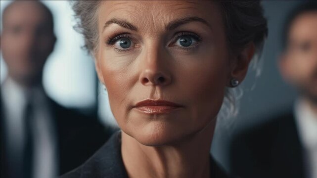 A woman with a stern expression, wearing business attire looking off to the side