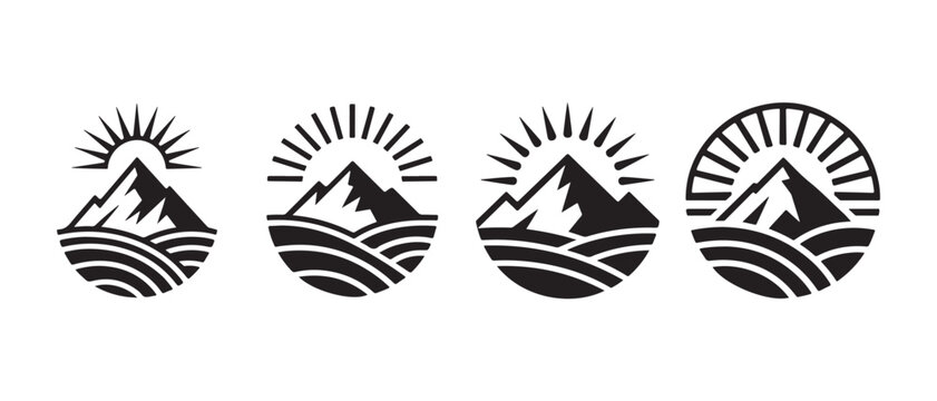 Mountain and Sun Rise Logo Emblems Over Water, Minimalist Black and White Vector Illustration.