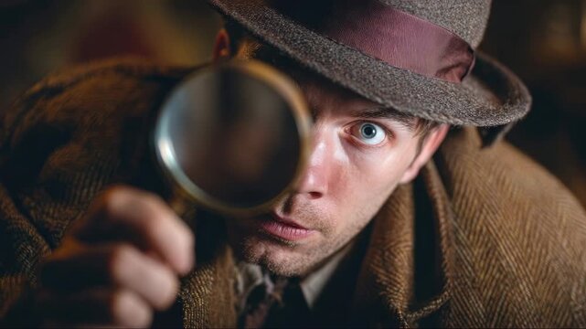 A handsome man with a serious expression looks through a magnifying glass. A young detective in a suit. Detective agency concept, information retrieval