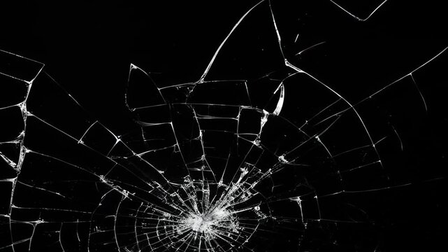 Shattered glass impact pattern animated overlay, Realistic Glass impact crack with detailed fractures on a black background.  detailed fractures on a black background. Dynamic cracked screen.
