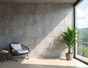 Fototapeta premium Modern interior scene with minimalist armchair and potted plant by large window. Concrete tile wall and wood floor with sunlit area. Relaxing space with view.