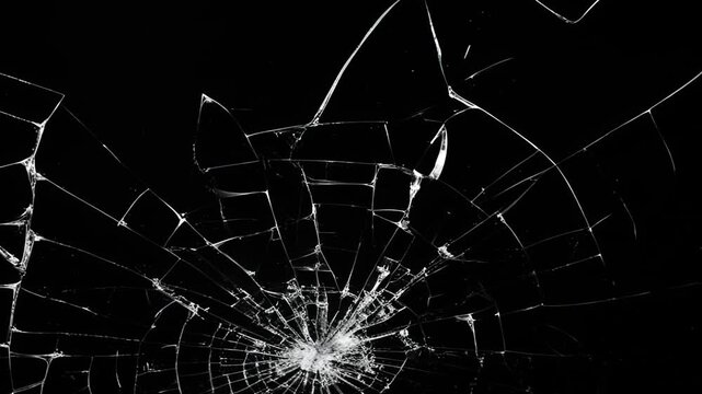 Shattered glass impact pattern animated overlay, Realistic Glass impact crack with detailed fractures on a black background.  detailed fractures on a black background. Dynamic cracked screen.