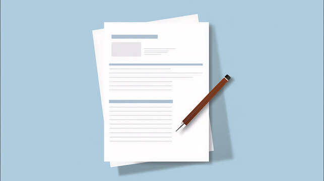 Clean vector illustration of business documents page template with pen on a minimalist blue background, ideal for corporate or personal use