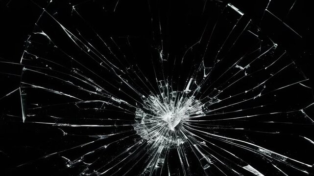 Cracked glass animation, transparent 4K video, Breaking glass motion graphics. Realistic graphic animated footage, Cracked and Shattered black glass realistic footage. 