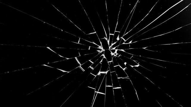 Shattered glass animated overlay, transparent 4K video, simulating broken glass effects.  Shattered black glass realistic footage. cracks glass fracture effect texture isolated abstract black bg.