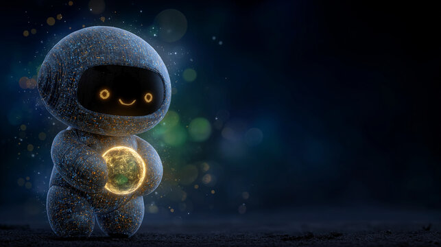 Friendly Futuristic Being: A captivating image presents a charming robot character in a digital artwork, exuding a sense of technological marvel and warmth. The figure is designed to be cute. 