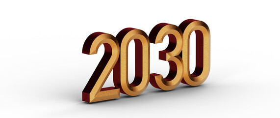 3D render of the year 2030 in gold metallic color on a white background, symbolizing the future, progress, and upcoming