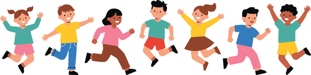 Happy diverse group of children running and playing joyfully together in colorful clothes and smiling faces showing energy and friendship