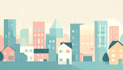 Fototapeta premium A minimalist urban skyline presents colorful houses contrasting with towering, geometric skyscrapers. AI Generative