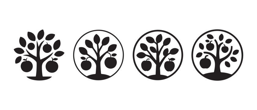 Collection of minimalist apple tree icons. with fruit and leaves in circular frames, flat design vector illustration.