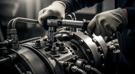 Obraz premium Close-up of gloved hands using a torque wrench to tighten bolts on heavy industrial machinery in a workshop setting.