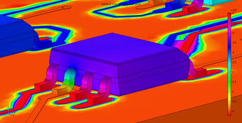 Computer 3d modeling of printed circuit board of electronic device. Investigation of  distribution of electric potential on surface of pcb, conductors, integrated circuit component.   © TKalinovskaya