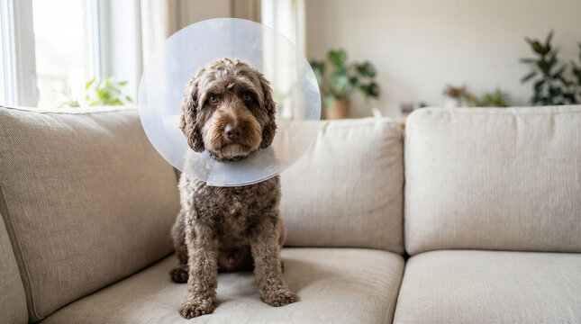Dog wearing an Elizabethan collar sitting on a sofa indoors  
