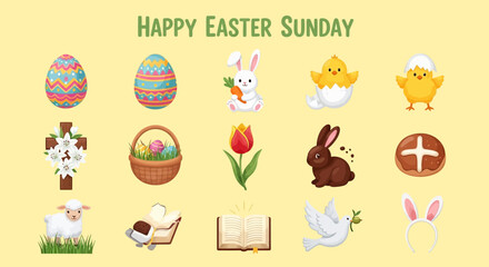 Fototapeta premium Festive Easter illustrations with colorful eggs, cute bunnies, chicks, religious crosses, and traditional symbols for holiday celebration designs