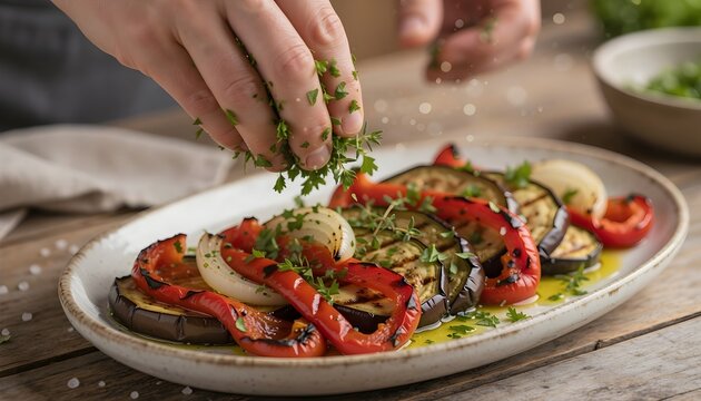 Sprinkling Chopped Herbs on Escalivada Grilled Vegetables Close Up