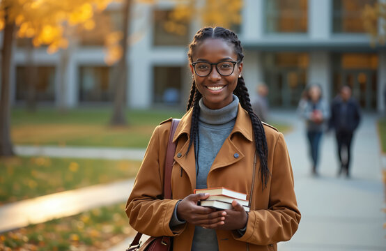 Young woman smiles holding books on campus. She walks outdoors in fall, wearing glasses and a coat. Her braided hair frames her face, exuding academic confidence and joy.
