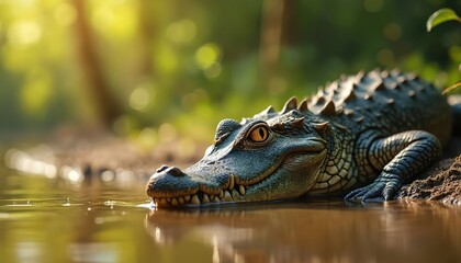 Fototapeta premium Close up of a young alligator resting in shallow water with green foliage in background. Reptile with scaly skin and sharp teeth waits patiently in murky river. Wildlife, nature, sunlit swamp habitat.