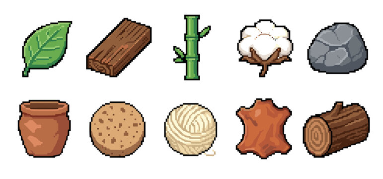 Collection of pixel art crafting material icons featuring natural resources like wood, stone, cotton, and leather, designed as game assets in a classic 8-bit video game aesthetic