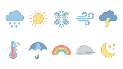 Obraz premium Colorful set of weather forecast icons in a simple flat design, depicting meteorological conditions like sun, rain, snow, wind, storm, temperature, rainbow, and night sky