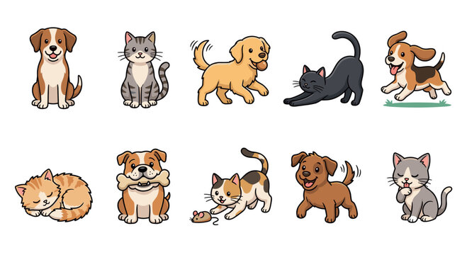 Collection of cute cartoon cats and dogs in various playful poses, including sitting, running, sleeping, and stretching, rendered in a simple, friendly, and colorful illustration style