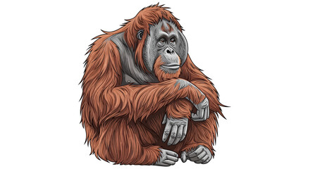 Illustration of a thoughtful orangutan sitting. © Rendi