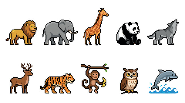 Set of ten wild animal pixel art characters including a lion, elephant, giraffe, panda, and dolphin, designed in a classic retro 8-bit video game sprite style