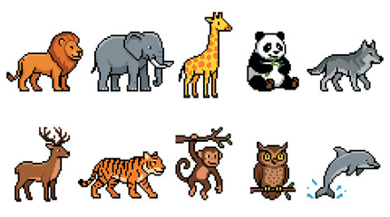 Fototapeta premium Collection of ten pixel art animals including a lion, elephant, giraffe, panda, and tiger, designed as cute character sprites for a retro 8-bit style video game concept