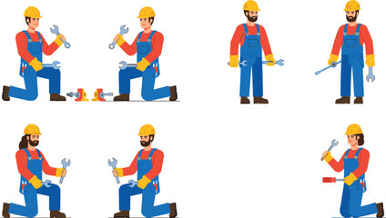 Fototapeta premium Construction Worker Character Set with Tools and Safety Gear in Flat Style for Repair, Maintenance, Engineering, Builder, and Industrial Design Projects