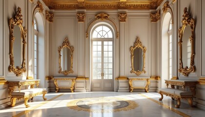 Fototapeta premium Elegant palace room with white walls and gold ornate decor. Large mirrors reflect light from arched doorway and windows. Marble floor has decorative inlay.