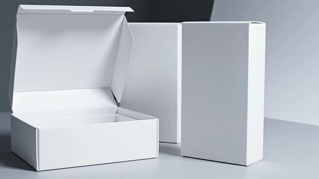White open and closed boxes on minimalist grey background