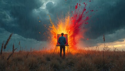 Fototapeta premium Artist paints fiery explosion outdoors in stormy weather. Person creates colorful art on canvas, dramatic sky above field. Creative expression, passion, inspiration.