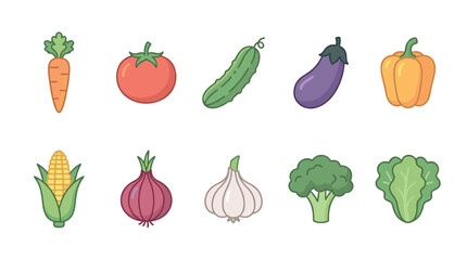 Fototapeta premium Colorful collection of ten vegetable icons featuring a carrot, tomato, cucumber, eggplant, pepper, corn, onion, garlic, broccoli, and lettuce in a simple flat cartoon style