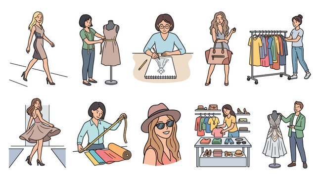 Set of hand-drawn cartoon characters involved in the fashion industry, from designers sketching and tailors sewing to models walking the runway and people shopping for new clothes