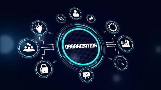 Corporate organization hud animation for structural hierarchy planning, team management, and professional business administration