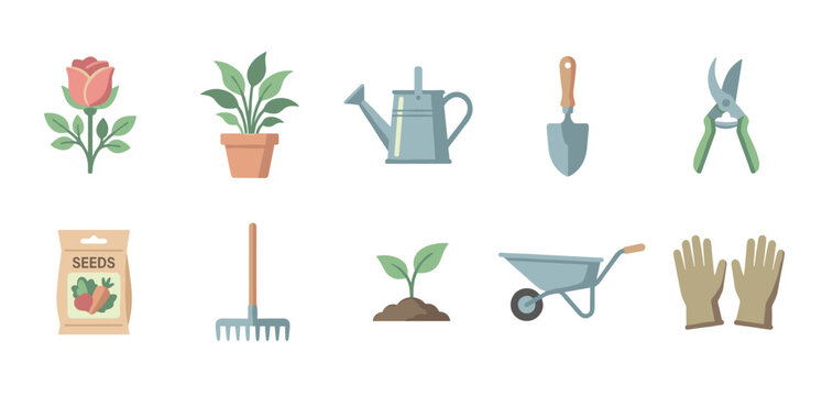 Gardening tools and plant icon set featuring a watering can, trowel, rake, shears, gloves, wheelbarrow, seedling, and rose in a simple flat vector illustration style