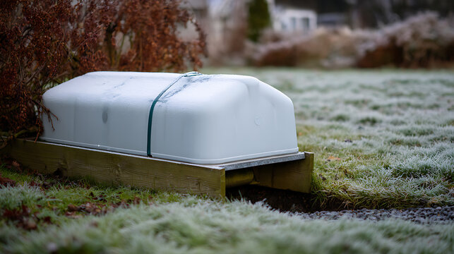 Outdoor cold frame or mini greenhouse on a frosted lawn, ready for winter protection or early spring planting, showcasing seasonal garden preparation