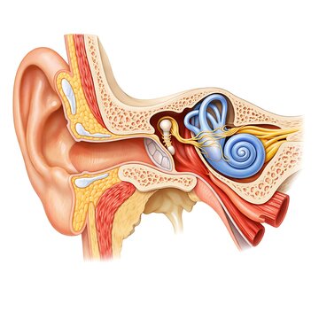 Human Ear Anatomy Detailed Cross Section Diagram with Outer Middle and Inner Ear Structure
