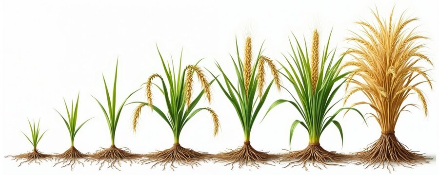 Rice plant development stages shown side by side from seedling to mature golden grain. Roots visible showing growth progression. Full cycle agriculture illustration from seed to harvest.
