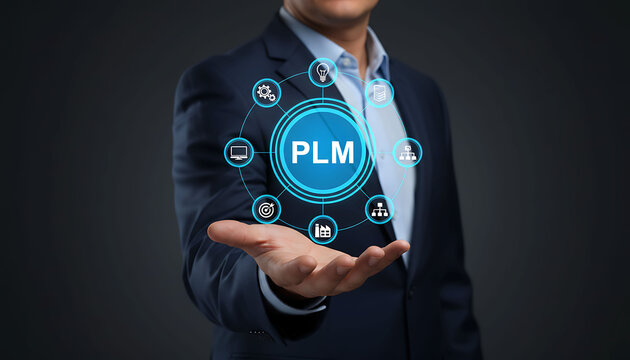 Businessman holding PLM Product Lifecycle Management icon concept for business process