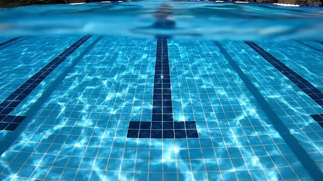 Underwater view of a swimming pool with black lane lines and tiled floor, illuminated by sunlight