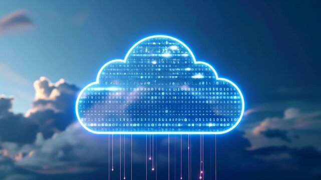 Digital cloud computing concept with blue neon outline.