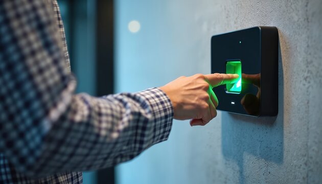 Person uses finger to scan biometric device on wall. Modern tech for access control and attendance tracking. Secure entry system verified by unique fingerprint. Employee authentication for workplace.
