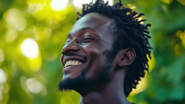 A cheerful man with dreadlocks smiling broadly. He is outdoors in a sunlit area surrounded by trees.