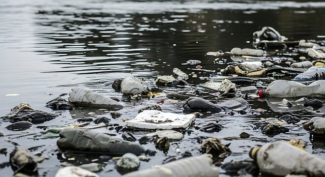 A polluted body of water filled with plastic bottles and various trash, highlighting environmental contamination.
